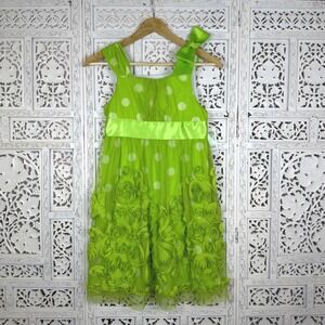 Bonnie Jean Lime Green Polka Dot Floral Dress Girls 14 Occassion Event Tie Back